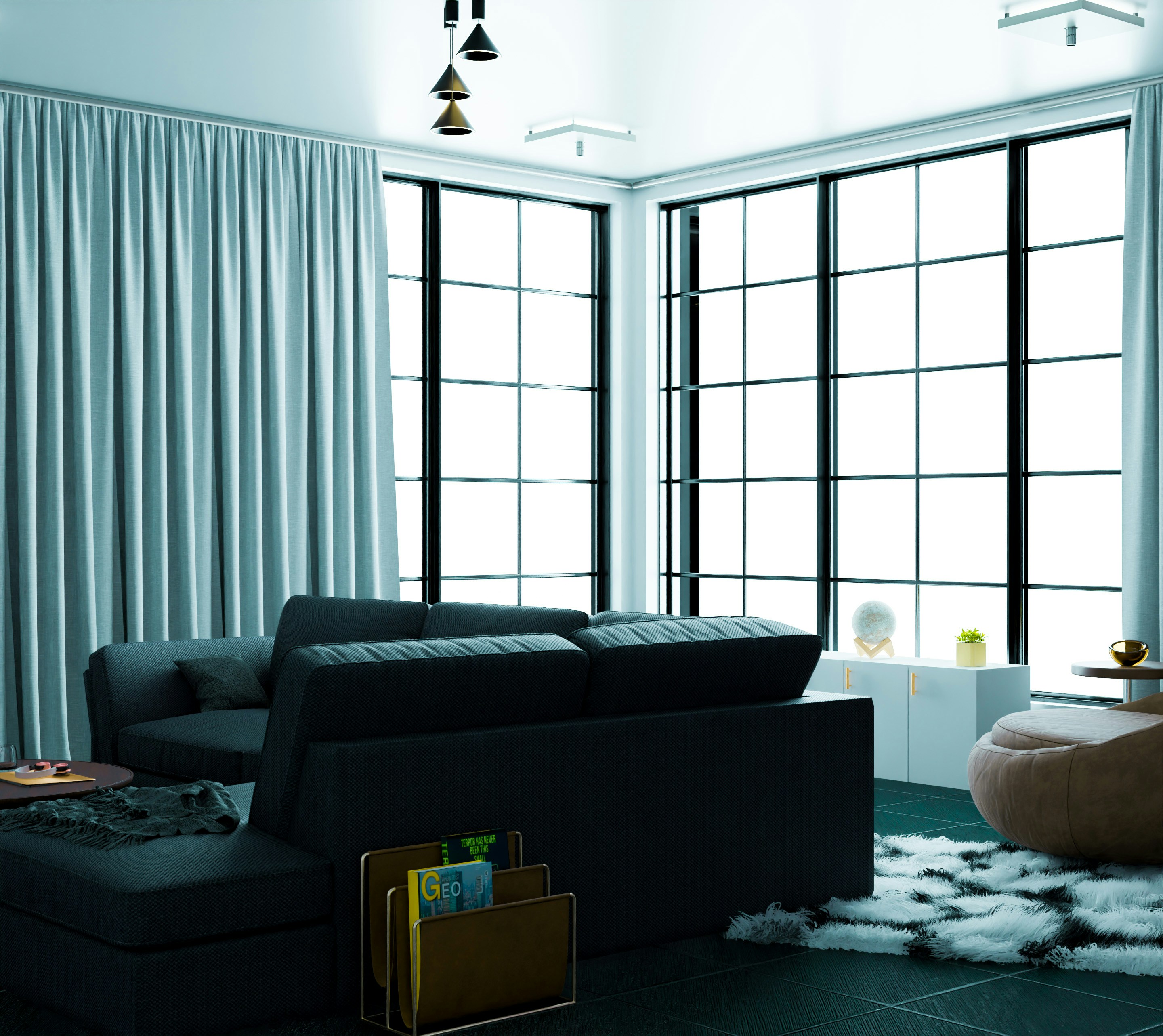 a living room filled with furniture and large windows